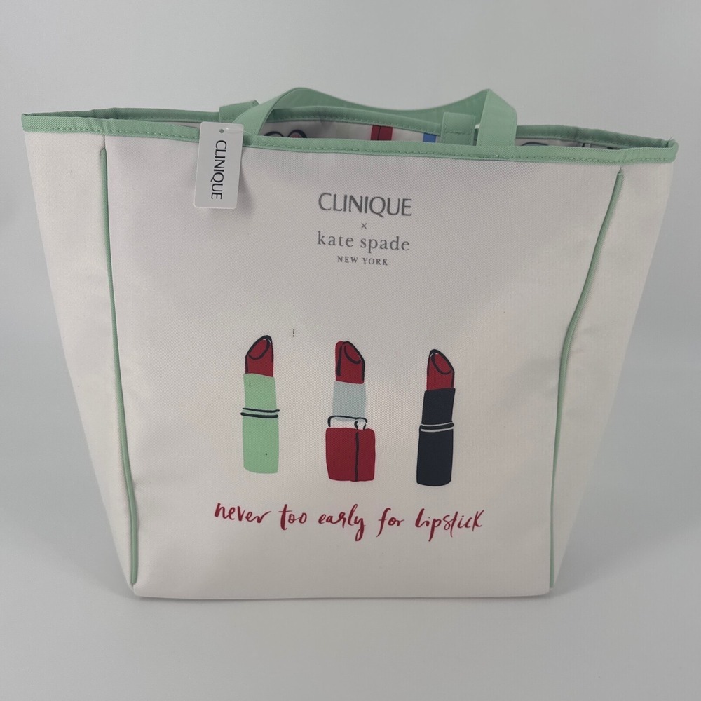 Clinique x Kate Spade New York Women Tote Bag White Lipstick Graphic NEW
